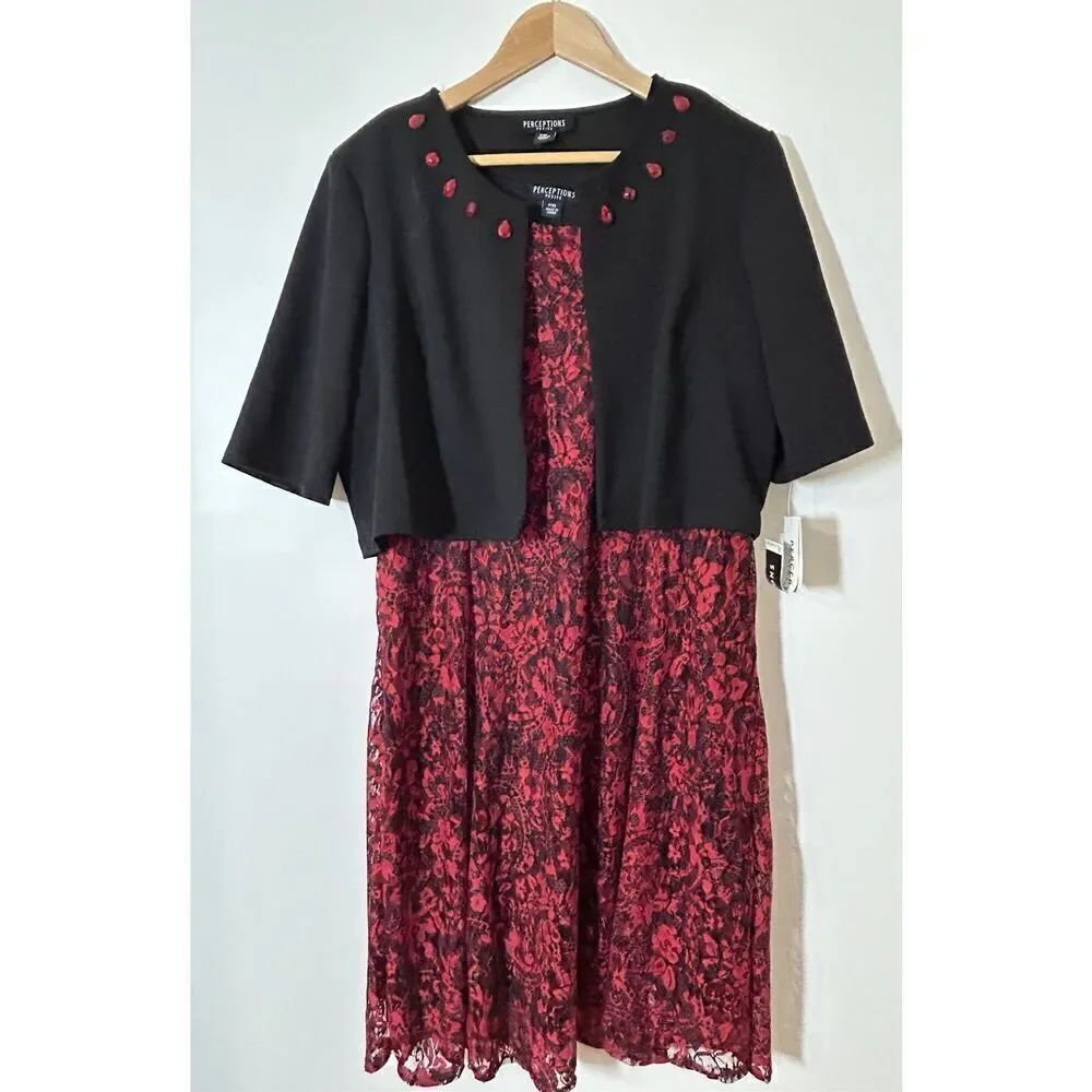 Perceptions New York 2-Piece Set Red & Black Lace Dress and Jacket Size PXL